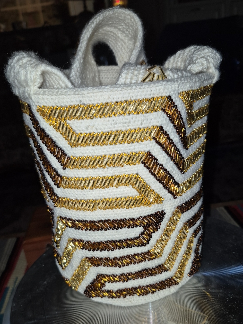 Wayuu Mochila bag:  Handwoven with  Glass Beads white & gold chevron pattern
